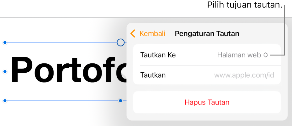 Kontrol editor Pengaturan Tautan dengan Halaman Web dipilih dan tombol Hapus Tautan di bagian bawah.
