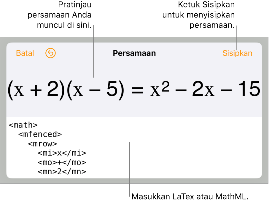Dialog Persamaan, menampilkan sebuah persamaan ditulis menggunakan perintah MathML, dan pratinjau formula di atas.