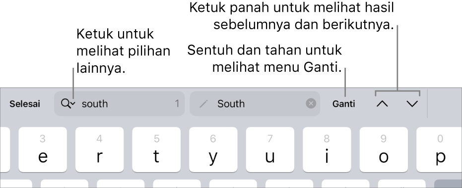 Kontrol Temukan & Ganti di atas papan ketik dengan keterangan pada tombol Pilihan Cari, Ganti, Ke Atas, dan Ke Bawah.