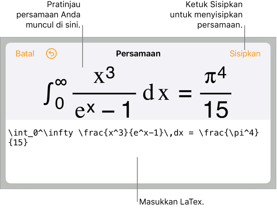 Dialog Persamaan, menampilkan sebuah persamaan ditulis menggunakan perintah LaTex, dan pratinjau formula di atas.
