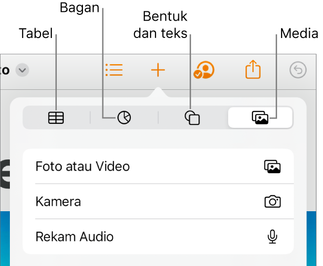Kontrol Sisipkan dibuka dengan tombol untuk menambahkan tabel, bagan, teks, bentuk, dan media di bagian atas.