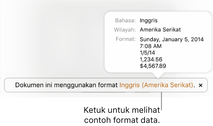 Pemberitahuan pengaturan bahasa dan wilayah yang berbeda, menunjukkan contoh format dalam bahasa dan wilayah tersebut.