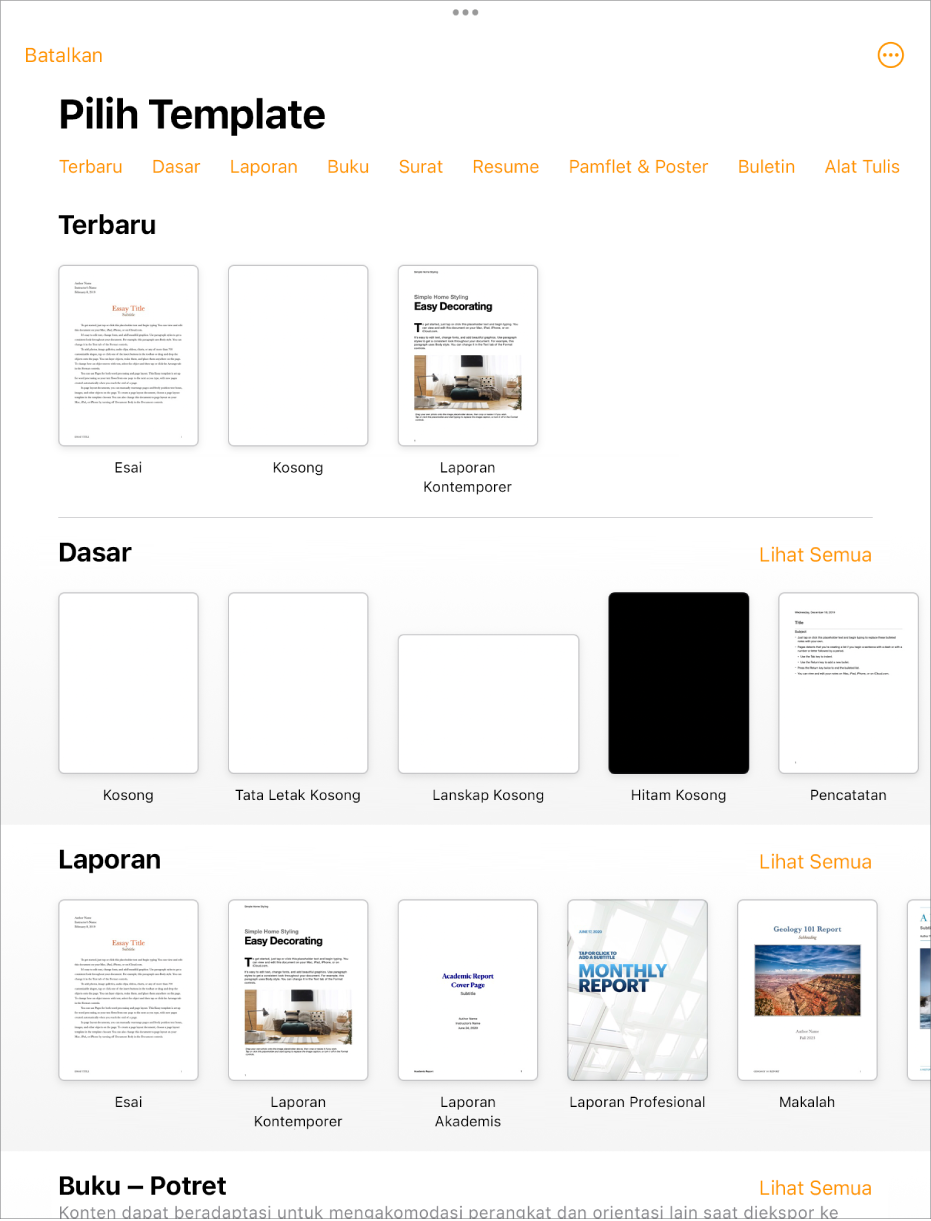 Pemilih template, menampilkan baris kategori di sepanjang bagian atas yang dapat Anda ketuk untuk memfilter pilihan. Di bawah adalah gambar mini template yang dirancang sebelumnya yang diatur menurut kategori, dimulai dengan Terbaru di bagian atas dan diikuti oleh Dasar dan Laporan. Tombol Lihat Semua muncul di atas dan di sebelah kanan setiap baris kategori. Tombol Bahasa dan Wilayah berada di pojok kanan atas.