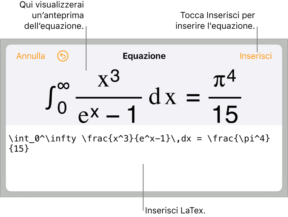 La finestra di dialogo Equazione con l'equazione scritta tramite comandi LaTeX e un'anteprima della formula di cui sopra.