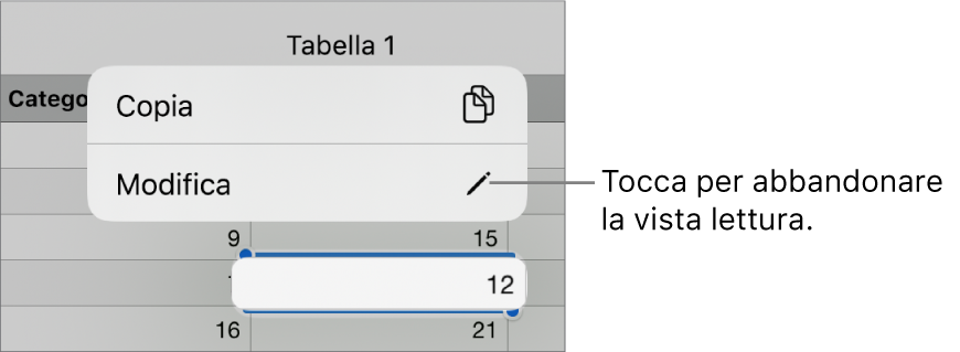 Viene selezionata una cella di tabella e al di sopra di essa si trova un menu contestuale con i pulsanti Copia e Modifica.