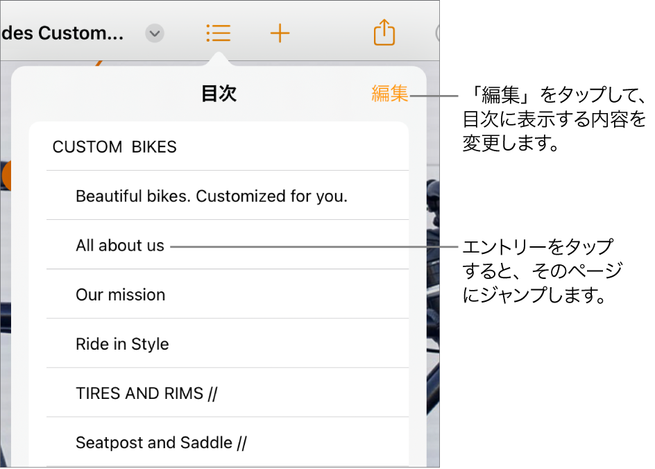 目次。リストにエントリーが表示されています。「編集」ボタンはビューの右上隅にあります。