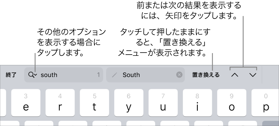 キーボードの上の「検索と置換」コントロール。「検索オプション」、「置き換える」、「上へ移動」、「下へ移動」ボタンへのコールアウトが表示された状態。
