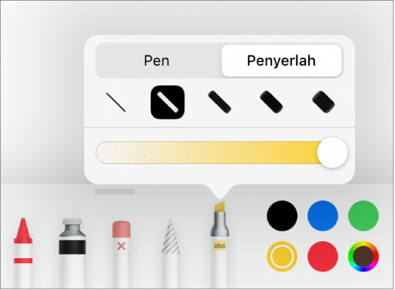 Menu alat Anotasi Pintar dengan butang pen dan penyerlah, pilihan lebar garis dan gelangsar kelegapan.