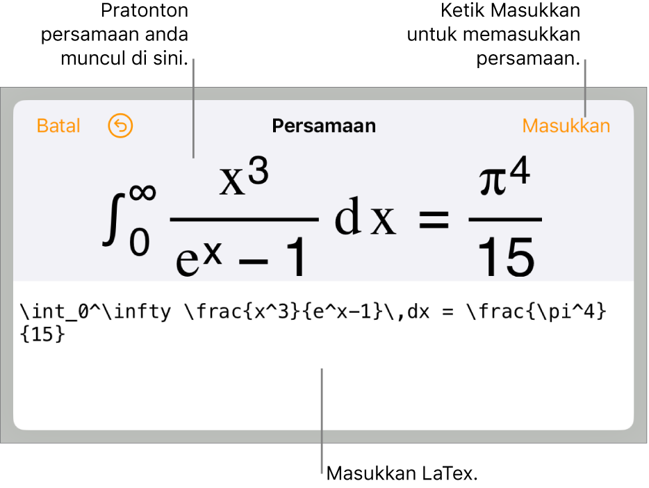 Dialog Persamaan, menunjukkan persamaan yang ditulis menggunakan perintah LaTex manakala pratonton formulanya di atas.