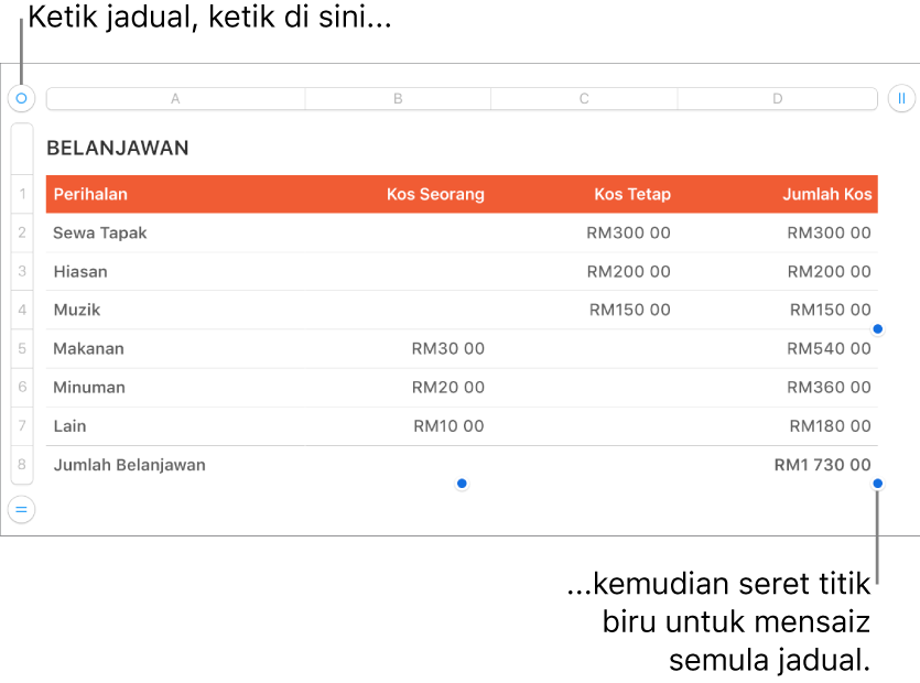 Jadual terpilih dengan titik biru untuk mensaiz semula.