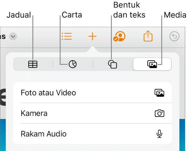 Kawalan Masukkan dibuka dengan butang untuk menambah jadual, carta, teks, bentuk dan media di bahagian atas.