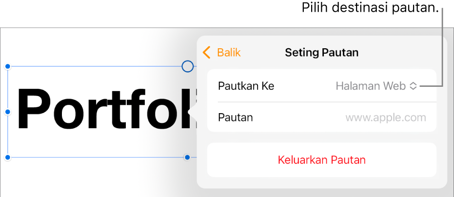 Kawalan Seting Pautan dengan Halaman Web dipilih dan butang Keluarkan Pautan di bahagian bawah.