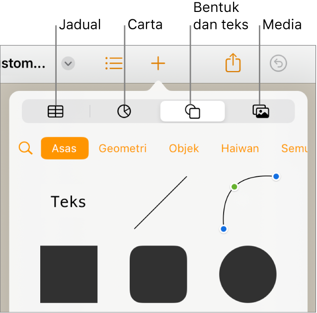 Kawalan untuk menambah objek, dengan butang di bahagian atas untuk memilih jadual, carta, bentuk (termasuk garis dan kotak teks) serta media.