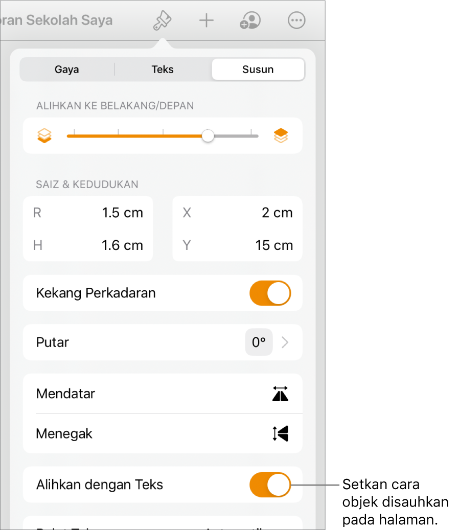 Kawalan Format dengan tab Susun dipilih dan kawalan untuk Bergerak ke Belakang/Depan, Alihkan dengan Teks dan Balutan Teks.