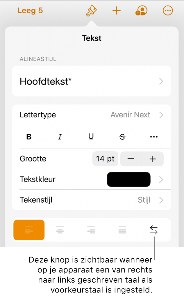 Tekstregelaars in het opmaakmenu met uitleg bij de knop voor rechts naar links.
