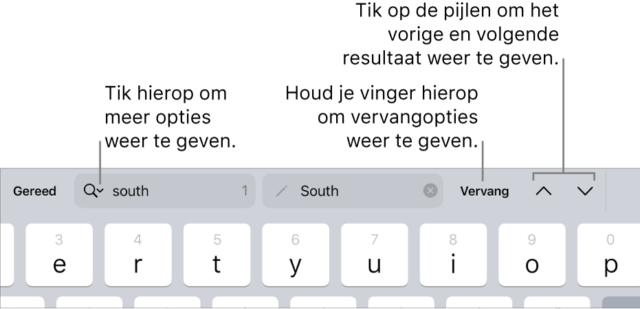 De zoek- en vervangregelaars boven het toetsenbord met uitleg bij de knop voor zoekopties, de knop 'Vervang' en de knoppen met een pijl-omhoog en pijl-omlaag.