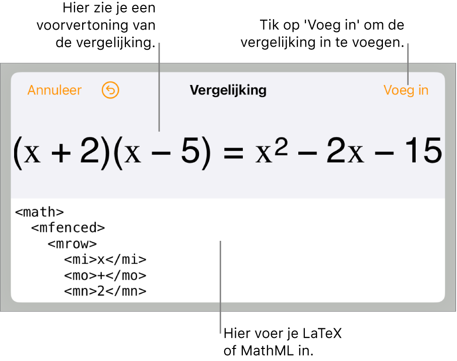 Het venster 'Vergelijking' met daarin een vergelijking die geschreven is met MathML-commando's en erboven een voorvertoning van de formule.