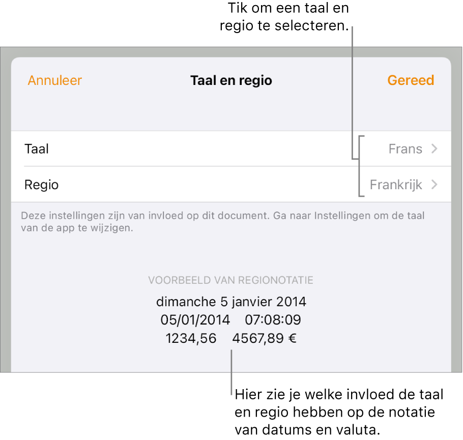 Paneel met regelaars voor de taal en regio en een voorbeeld van de notatie van datum, tijd, decimaalteken en valuta.