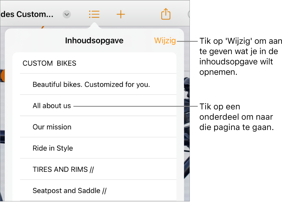 De inhoudsopgave met onderdelen in een lijst. De knop 'Wijzig' staat rechtsboven in de weergave.