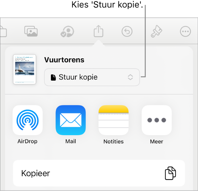 Het Deel-menu waarin bovenin 'Stuur kopie' is geselecteerd.
