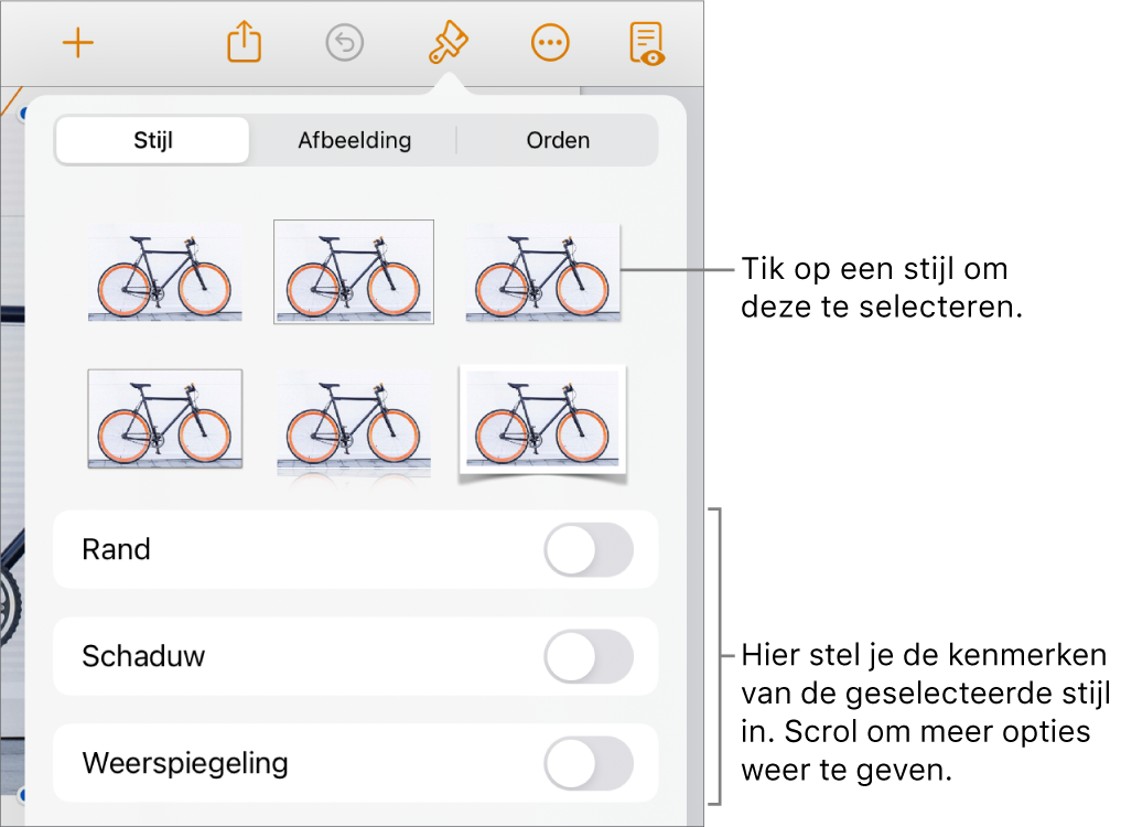 Het tabblad 'Stijl' in het opmaakmenu met bovenaan objectstijlen en eronder regelaars voor het wijzigen van de rand, schaduw, weerspiegeling en ondoorzichtigheid.