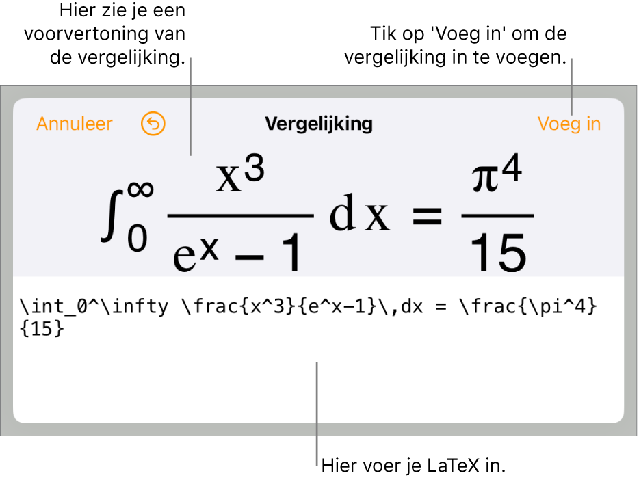 Het venster 'Vergelijking' met daarin een vergelijking die geschreven is met LaTeX-commando's en erboven een voorvertoning van de formule.