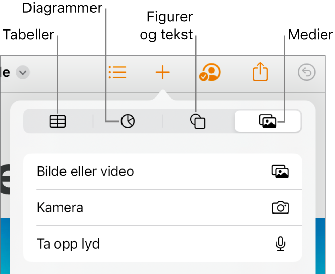 Sett inn-kontrollene åpne, med knapper for å legge til tabeller, diagrammer, tekst, figurer og medier.