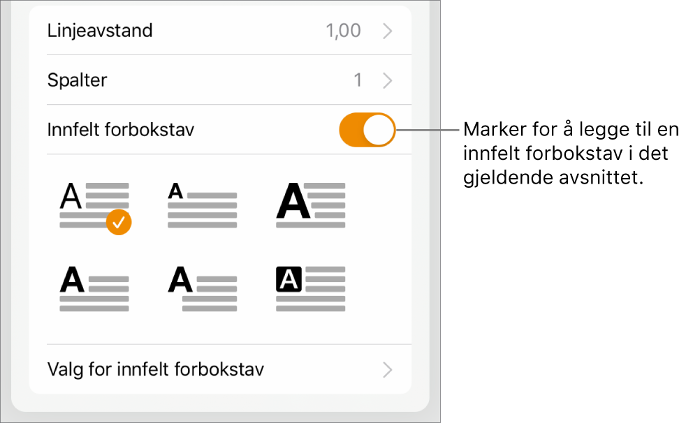 Innfelt forbokstav-kontrollene nederst i Tekst-menyen.