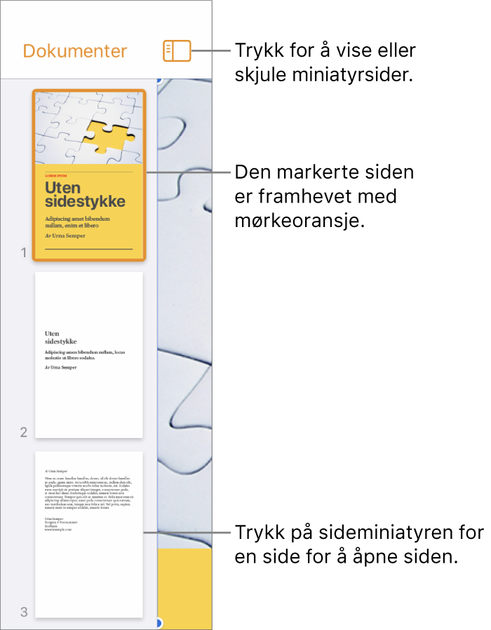 Sideminiatyrvisning på venstre side av skjermen med en tosiders inndeling, en skillelinje og deretter én side av neste inndeling. Vis-knappen er over miniatyrene.