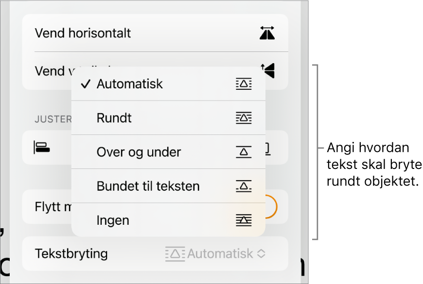 Format-kontrollene med Ordne-fanen markert. Under vises Tekstbryting-kontrollene med Flytt nederst/øverst, Flytt med tekst og Tekstbryting.