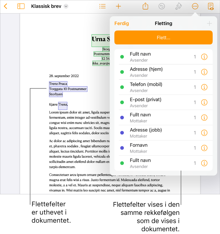 Pages-dokument med flettefelt for mottaker og avsender og en forekomstliste for flettefelt synlig i Dokument-sidepanelet.