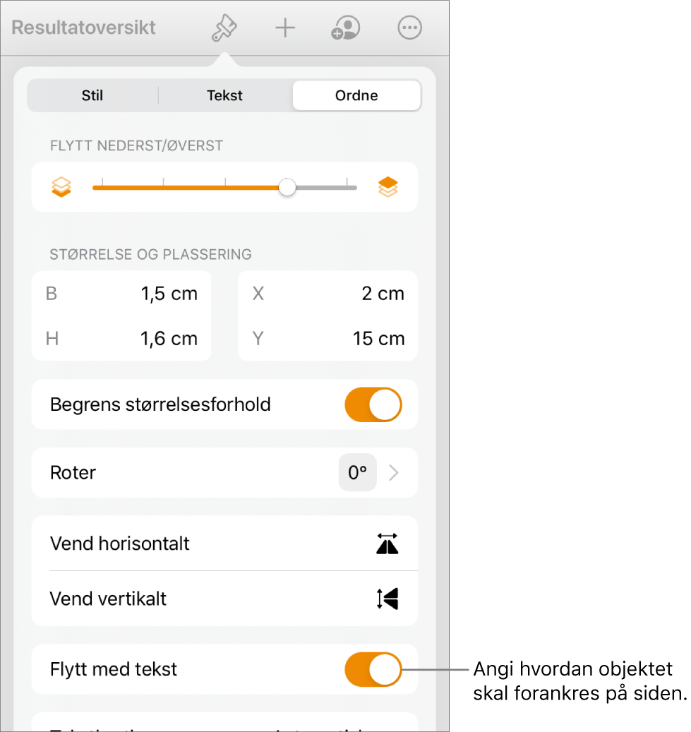 Format-kontrollene med Ordne-fanen markert og kontroller for Flytt nederst/øverst, Flytt med tekst og Tekstbryting.