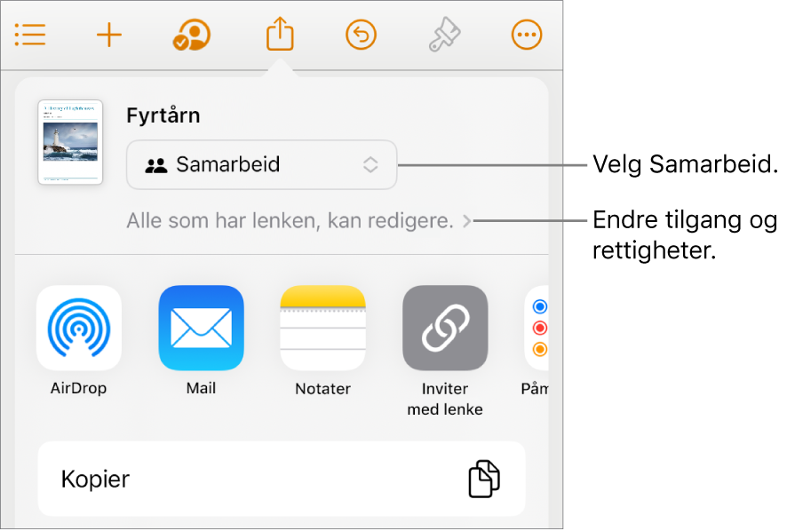 Del-menyen med Samarbeid markert øverst, og tilgangs- og tillatelsesinnstillingene under.