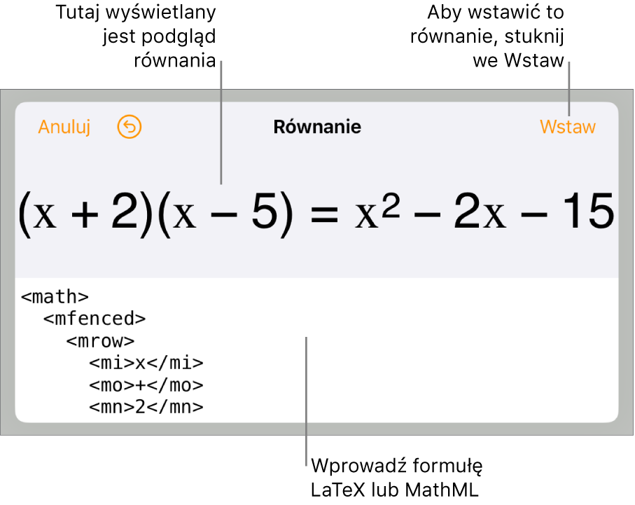 Pole dialogowe Równanie, zawierające równanie zapisane przy użyciu języka MathML. Powyżej widoczny jest podgląd tego równania.