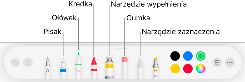 Pasek narzędzi rysowania w Pages na iPadzie: pisak, ołówek, kredka, wypełnianie, gumka i zaznaczanie. Oprócz nich widoczna jest także paleta kolorów, zawierająca bieżący kolor.