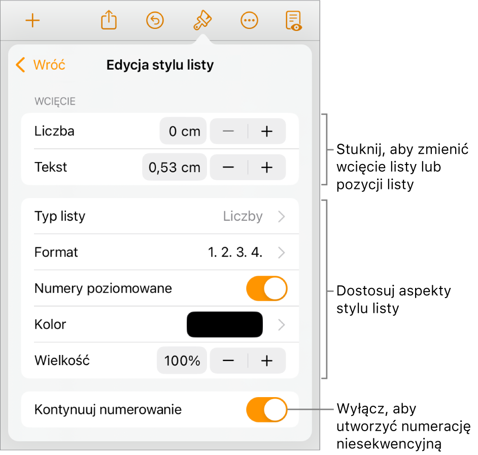 Menu Edycja stylu listy z narzędziami sterującymi wielkością wcięcia, typem i formatem listy, numerami warstw, kolorem i rozmiarem listy oraz numeracją ciągłą.