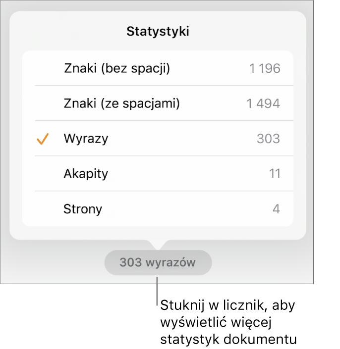 Licznik wyrazów z menu zawierającym opcje pozwalające na wybranie wyświetlania liczby znaków ze spacjami i bez spacji, liczby wyrazów, liczby akapitów oraz liczby stron.
