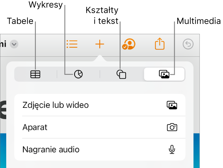 Widok narzędzi wstawiania otwiera się na górze z przyciskami dodawania tabel, wykresów, tekstu, kształtów i multimediów.