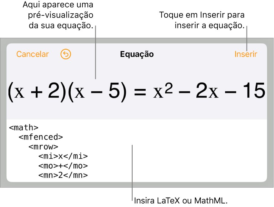 O diálogo de Equação, mostrando uma equação escrita com comandos MathML e uma pré-visualização da fórmula acima.