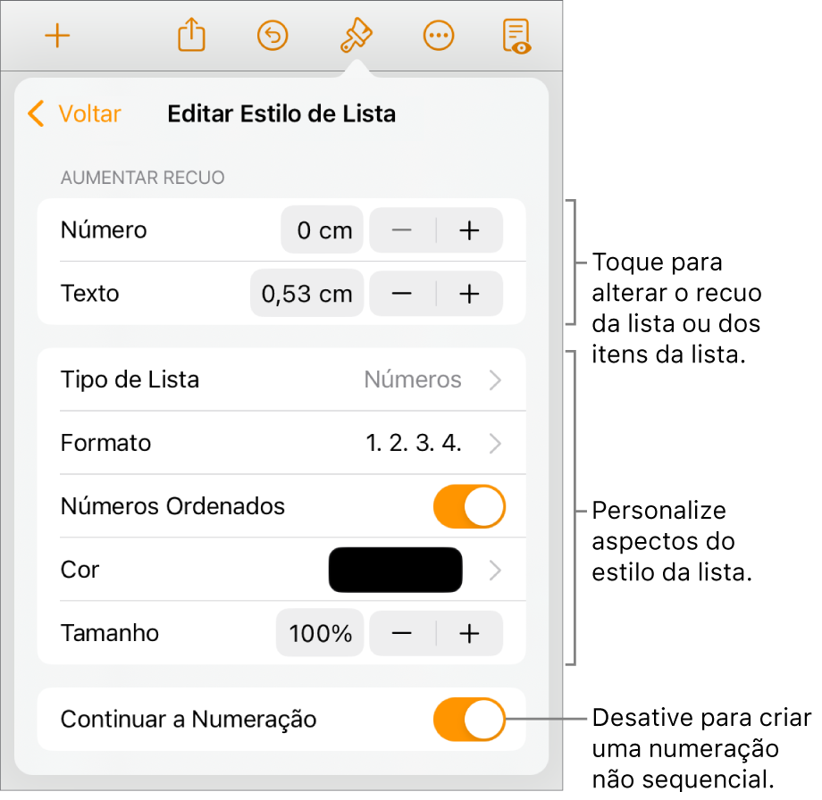 Menu “Editar Estilo de Lista” com controles para espacejamento de recuo, formato e tipo de lista, alinhamento de números, cor e tamanho da lista e numeração contínua.