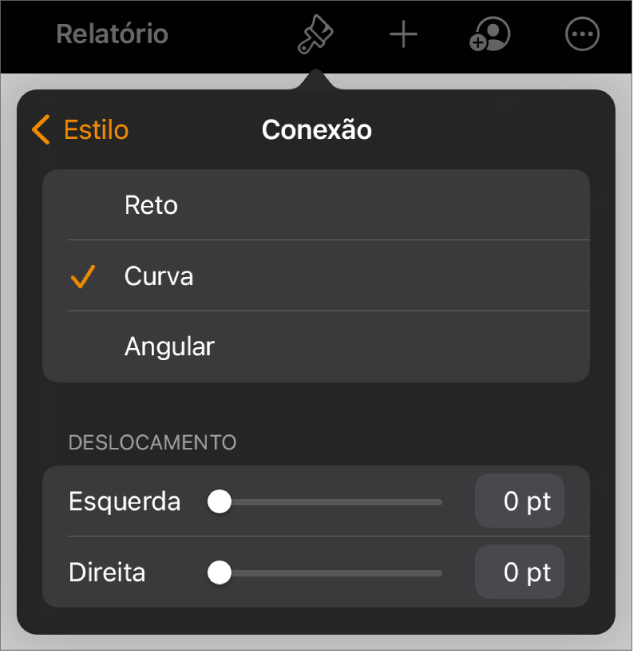 Os controles de Conexão com Curva selecionada.