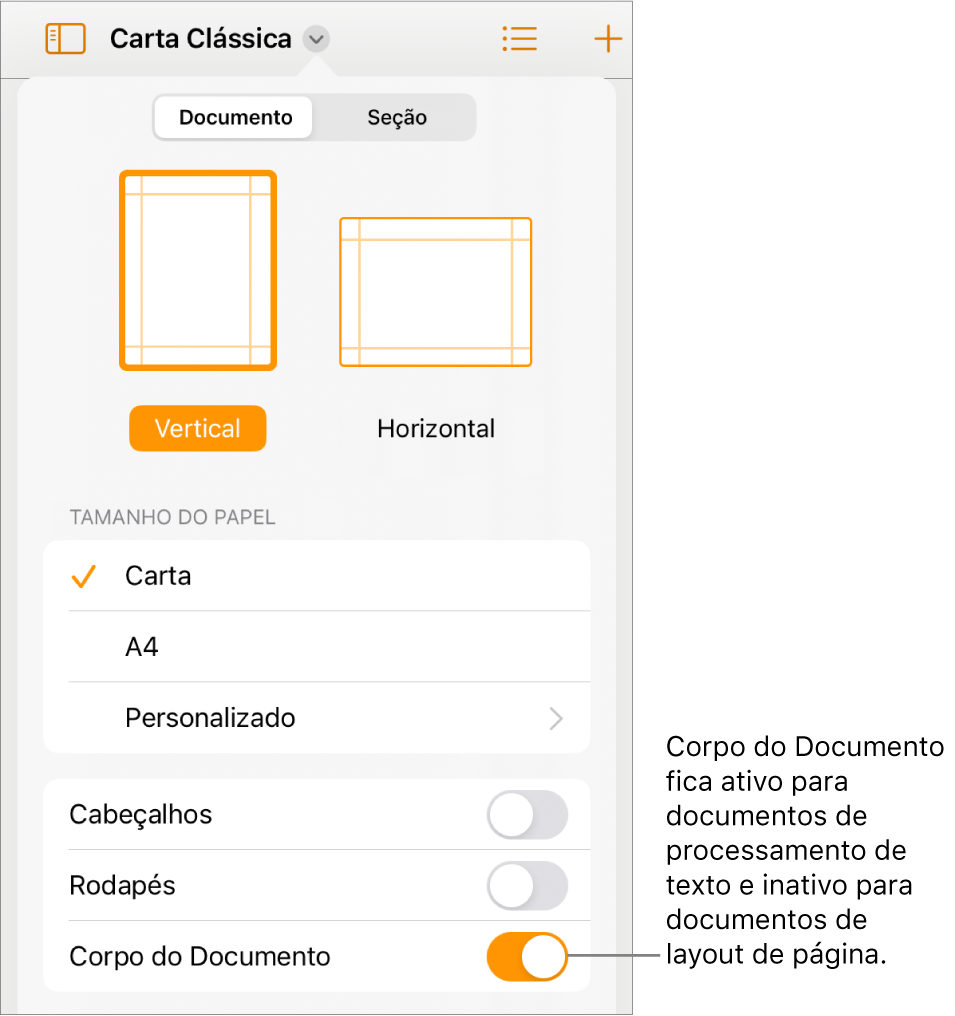 Controles de formatação Documento, com “Corpo do Documento” ativado próximo à parte inferior da tela.