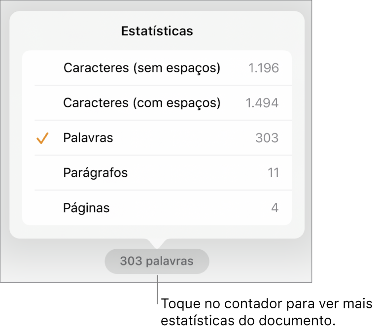 Contador de palavras com menu mostrando opções para mostrar o número de caracteres com e sem espaços, contagem de palavras, contagem de parágrafos e contagem de páginas.