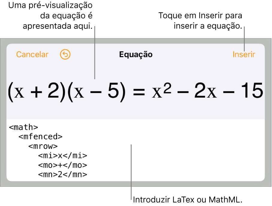 A caixa de diálogo “Equação”, apresentando uma equação escrita com recurso aos comandos MathML e uma pré-visualização da fórmula em cima.