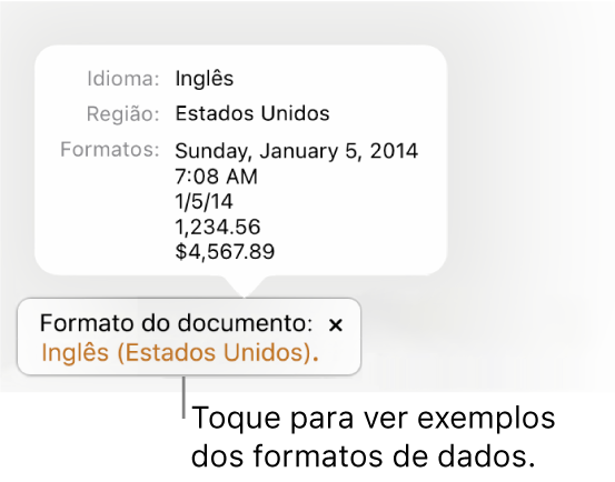 A notificação da definição diferente do idioma e região, apresentando exemplos da formatação nesse idioma e região.