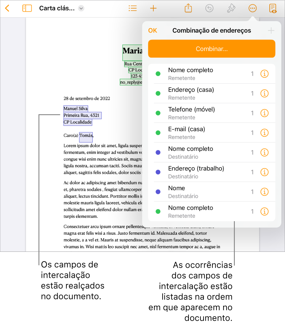 O documento do Pages com os campos de intercalação do destinatário e do remetente e a lista de ocorrências do campo de intercalação visível na barra lateral “Documento”.