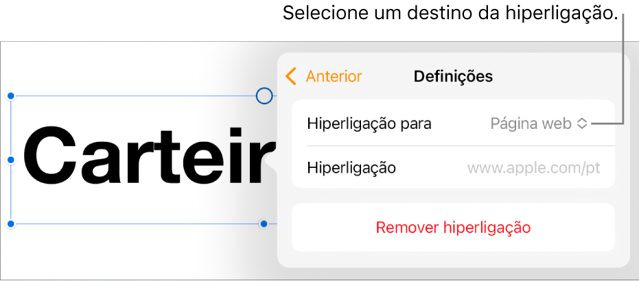 Os controlos de Definições com a página web selecionada e o botão Remover hiperligação na parte inferior.