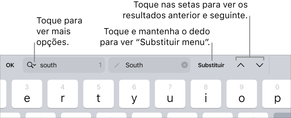 Os controlos “Procurar e substituir” acima do teclado com chamadas para os botões “Opções de pesquisa”, “Substituir”, “Ir para cima” e “Ir para baixo”.