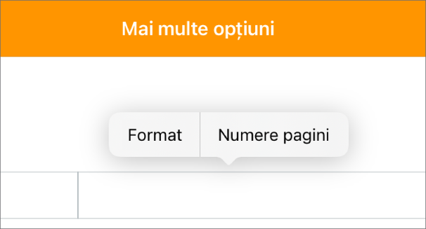 Trei câmpuri de antet cu punctul de inserare în cel din centru și un meniu pop-up afișând Numere pagini.
