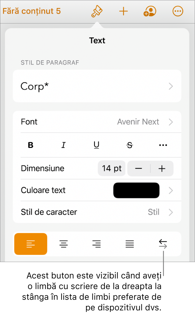 Comenzile pentru text din meniul Format cu o explicație referitoare la butonul De la dreapta la stânga.